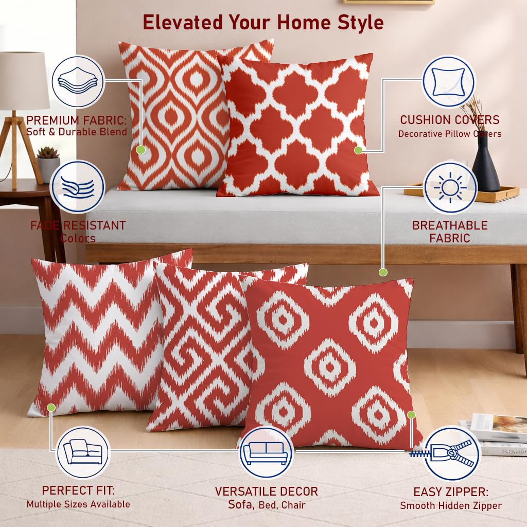 STITCHNEST Set of 5 Polycotton Cushion Covers – 24x24 Inches – Red & White Ikat Geometric Print – Elegant Cushion Covers for Sofa, Couch & Living Room | Perfect for Home Decor