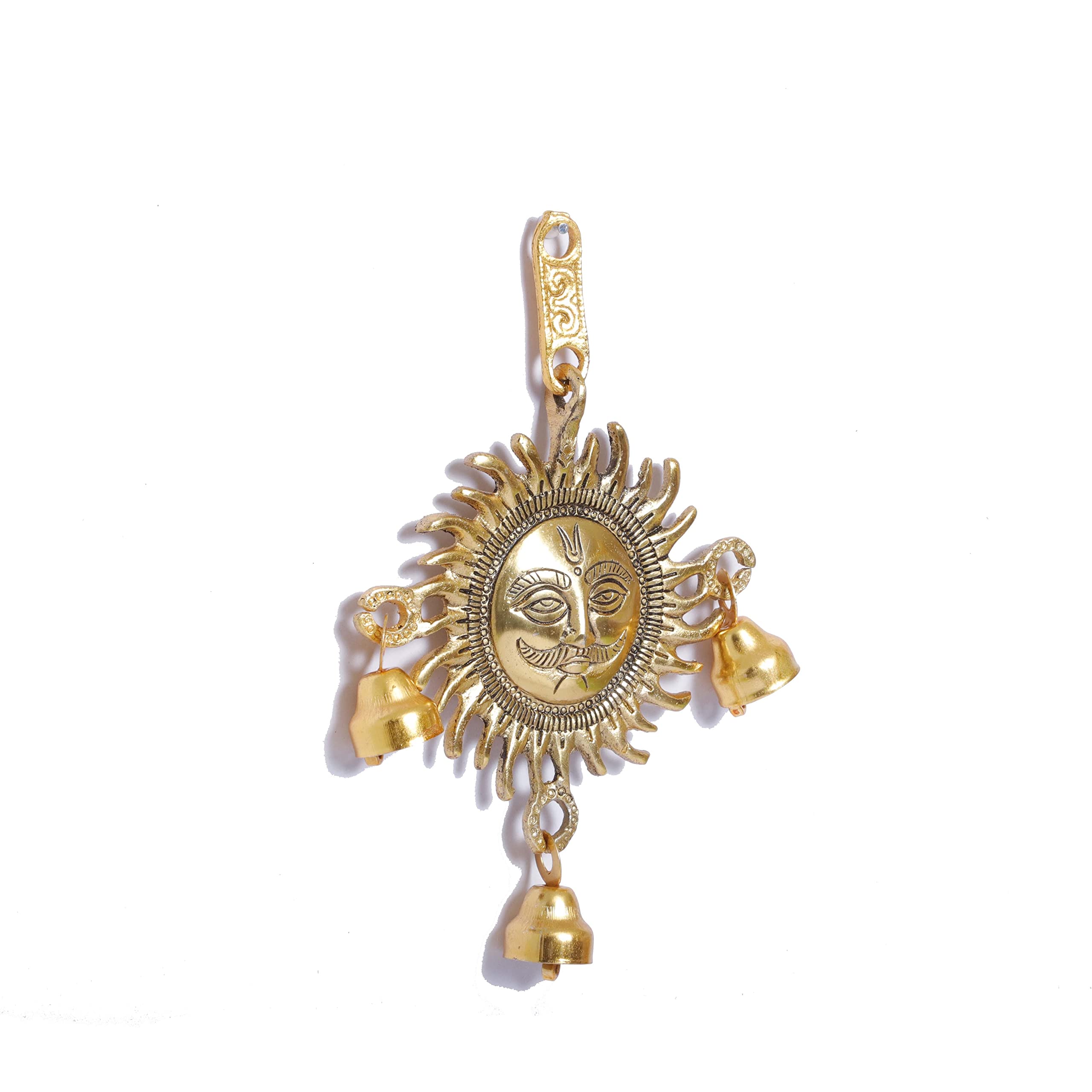 KridayKraft Metal Wall Hanging Lord Sun with Bells Suraj Idol Surya Sculpture Murti Statue Vastu Decorative Showpiece for Living Room Bedroom Wall Décor Rishing Sun Face with Bells Wall Art