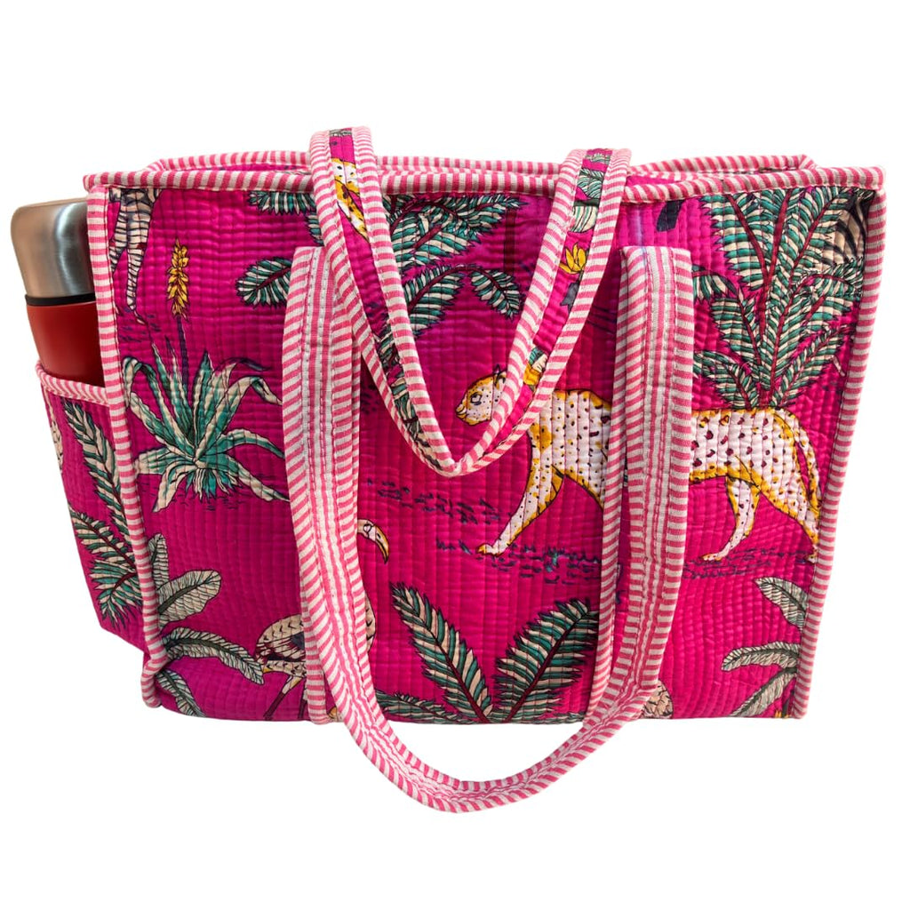 The House of RajPadmini Floral Quilted Cotton Shopping Tote Bag, 16x16 inches, Striped Trim, External Bottle Pocket (Animal Print Pink)