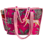 The House of RajPadmini Floral Quilted Cotton Shopping Tote Bag, 16x16 inches, Striped Trim, External Bottle Pocket (Animal Print Pink)