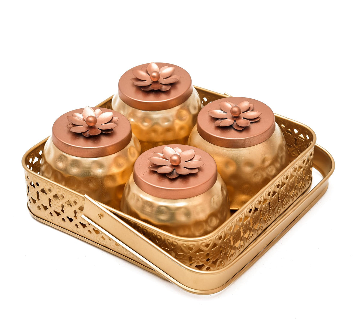 Sanvatsar Square Shape Metal Basket with Jar Tray 4 Copper Flower Container Dry Fruits Chocolate Sweets Candys Gifts Set for Office, Home Decor Table Decoration Item (Square)