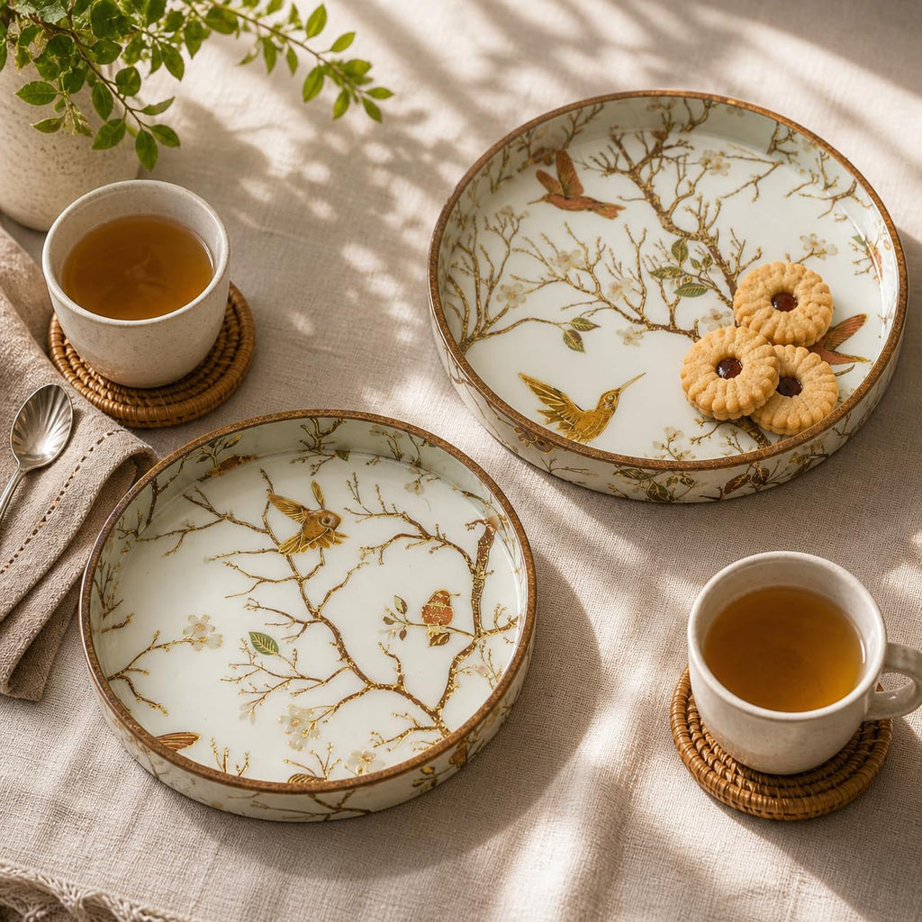Dreams n Decor Round Wooden Serving Tray Set of 2 | MDF Decorative Trays for Center Table & Dining | Golden Hummingbird Print (7 & 9) | Perfect for Tea, Coffee, Snacks & Housewarming Gifts