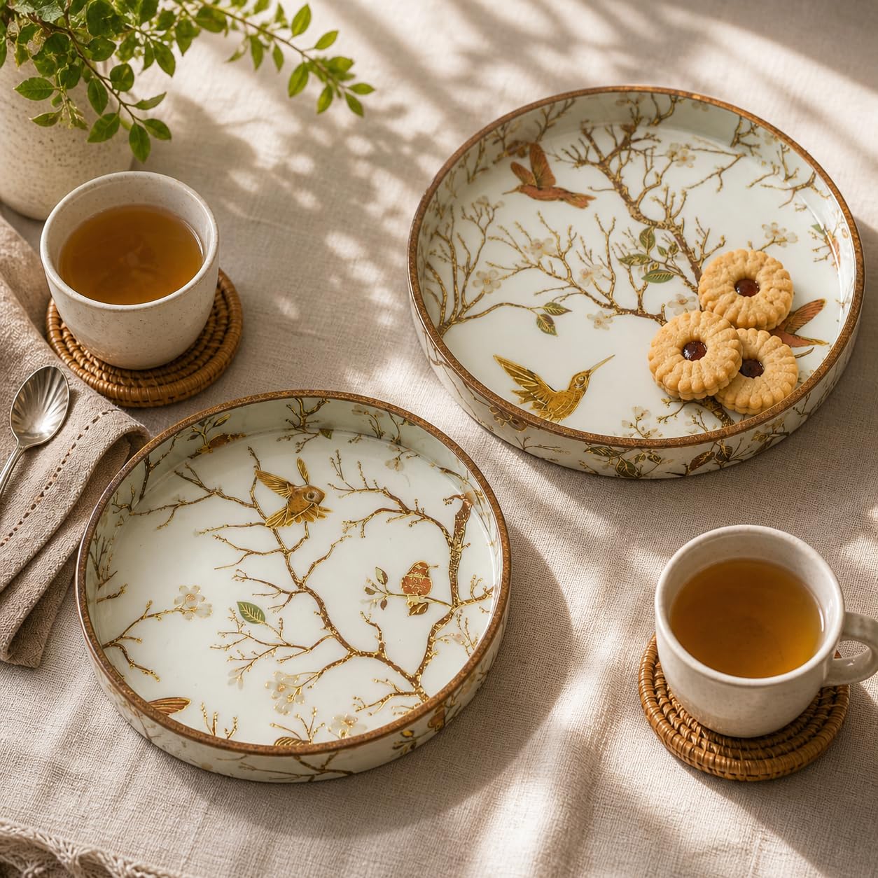 Dreams n Decor Round Wooden Serving Tray Set of 2 | MDF Decorative Trays for Center Table & Dining | Golden Hummingbird Print (7 & 9) | Perfect for Tea, Coffee, Snacks & Housewarming Gifts