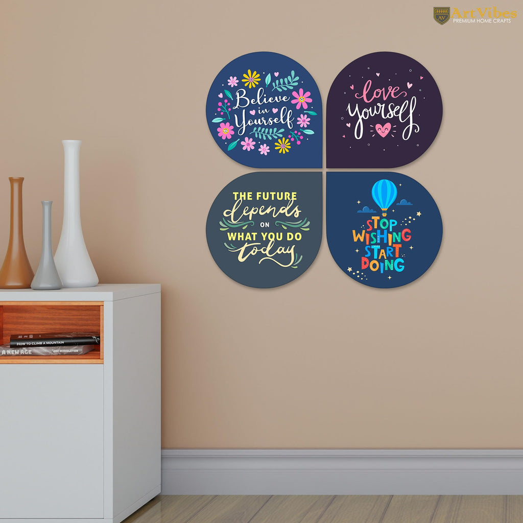 Artvibes Believe in Your Self Inspirational Quote MDF Wood Wall Hanger Ornaments For Home Office | Quotes Decor Item | Motivational Wall Decor | Wall Accent | Graphic Art | Gifts (WH_8413NV), Set of 4