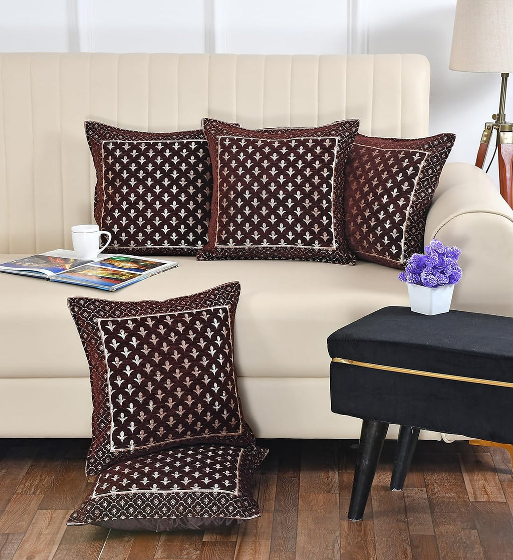 DECOMIZER Jacquard Geomteric Cushion Covers 16 Inch X 16 Inch Set Of 5 Ethnic Motifs Cushion Covers,Design- Star,Color- Coffee, 240 TC