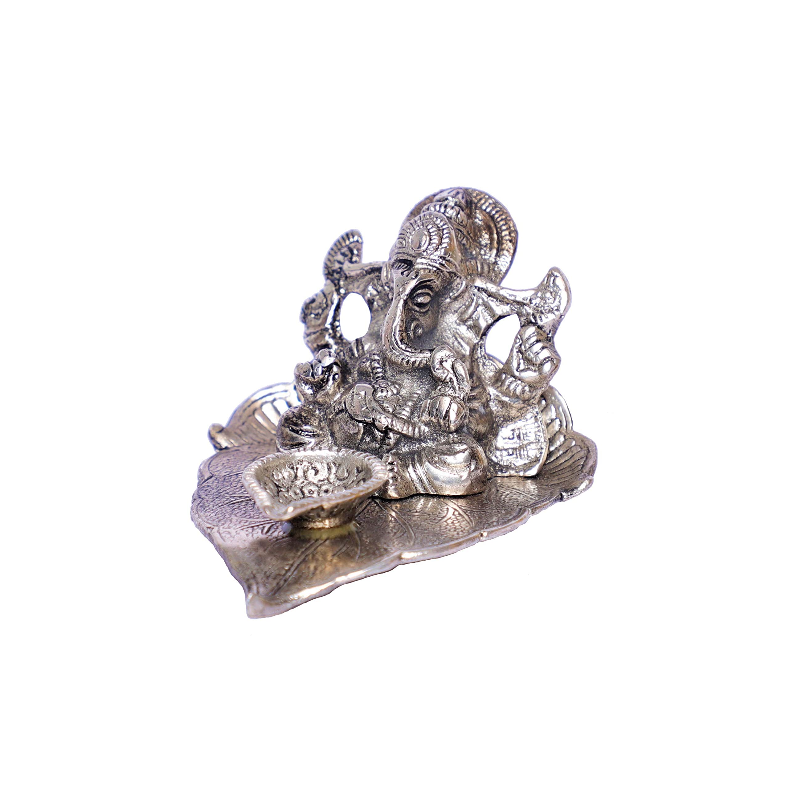 KridayKraft Ganesh Idol with Diya on Leaf, Metal Silver Finish Ganpati Murti for Home Decor, Pooja Room & Office Desk, Ganesha Statue for Diwali, Housewarming & Wedding Gift, 12 x 12 x 8 cm