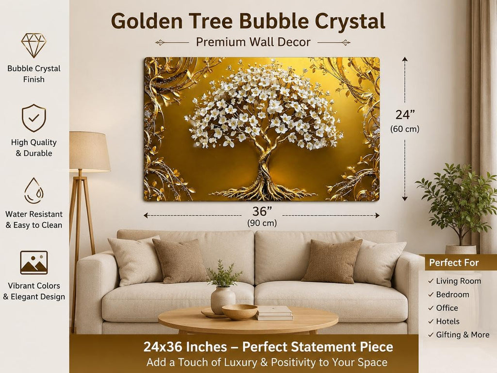 HighMark Gifts Golden Tree Bubble Crystal Wall Painting 24 x 36 Inches | Premium Decorative Scenery Wall Art | Waterproof & Easy to Clean | Luxury Wall Decor for Living Room, Bedroom, Office & Hotel