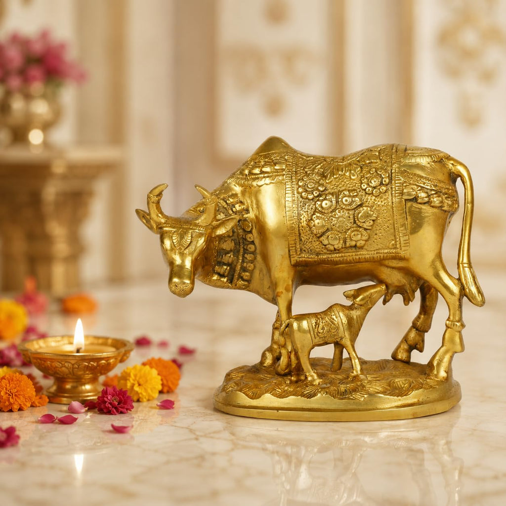ARTVARKO Lucky Nandi Kamdhenu Cow & Calf Brass Sculpture Religious KamDhenu Cow Statue 8 Inch Gold Color 1 Pcs Standard.