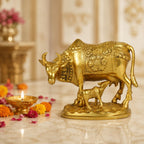 ARTVARKO Lucky Nandi Kamdhenu Cow & Calf Brass Sculpture Religious KamDhenu Cow Statue 8 Inch Gold Color 1 Pcs Standard.
