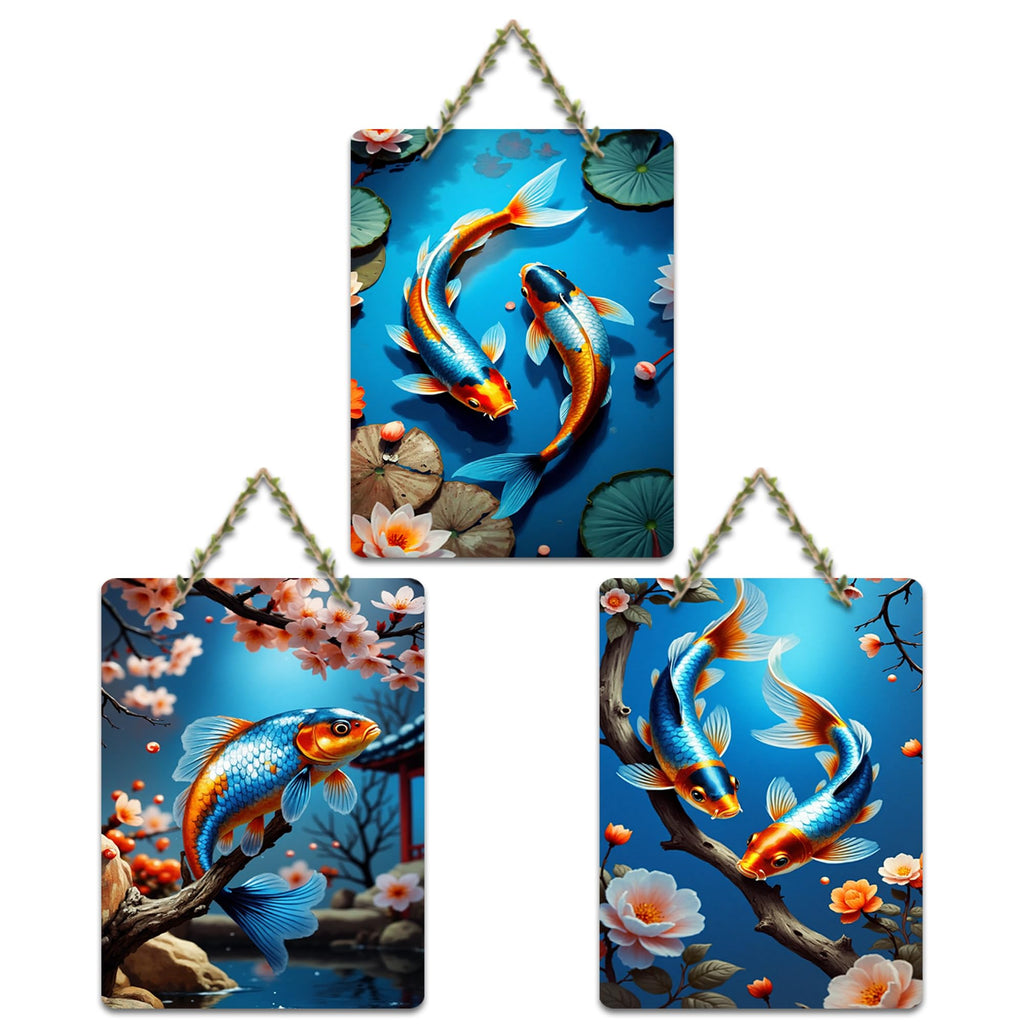 Artvibes Water Lily And Koi Fish Decorative Wall Art MDF Wooden Wall Hanger for Home | Room Wall Art | Modern Decor Artwork | Living Room | Cafe | Wall Art Print | Gift Items (WH_9656N), Set of 3