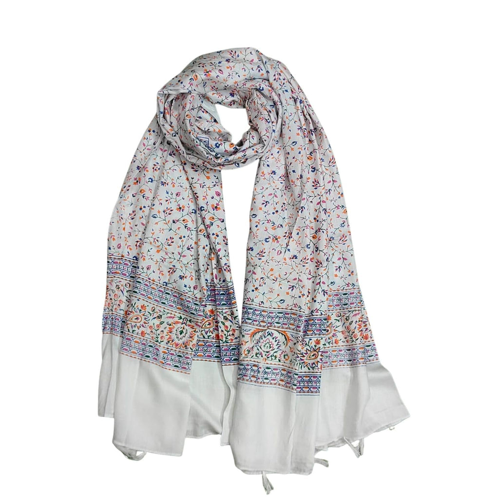 JAHAN TEXTILE white Floral Printed Scarf for Women | Soft Lightweight Dupatta/Stole with Tassels | Elegant Ethnic & Casual Wear Wrap | Stylish Designer Shawl for All Seasons (White1)
