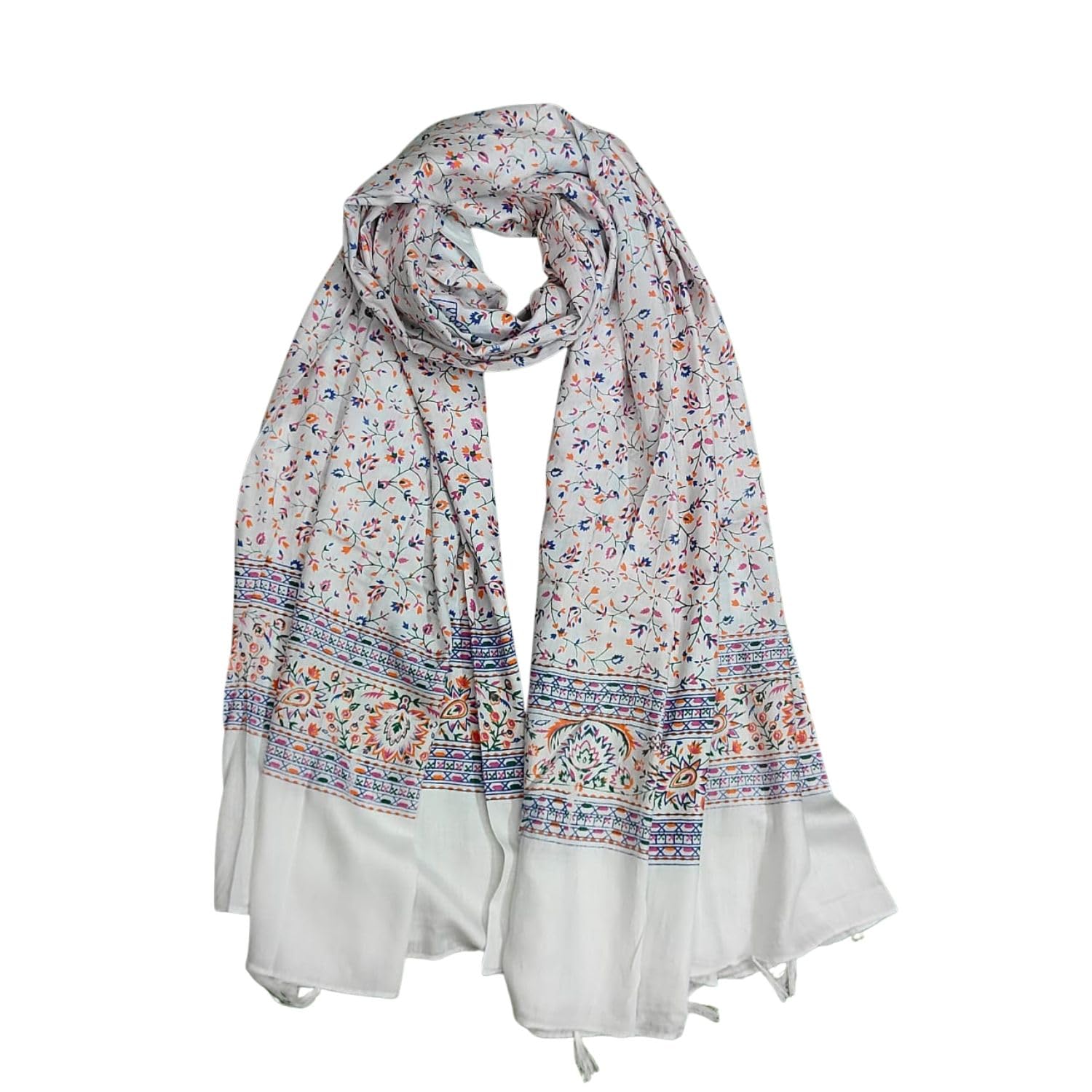 JAHAN TEXTILE white Floral Printed Scarf for Women | Soft Lightweight Dupatta/Stole with Tassels | Elegant Ethnic & Casual Wear Wrap | Stylish Designer Shawl for All Seasons (White1)
