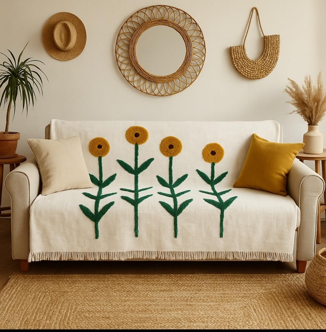 JutiePie Cotton Woven Throw Blanket with Tassels for Sofa, Bed & Couch | 3 Seater | 49x75 Inch Cream Floral Design | Soft, Lightweight, Breathable Coverlet for Living Room, All Season Use Kafalo