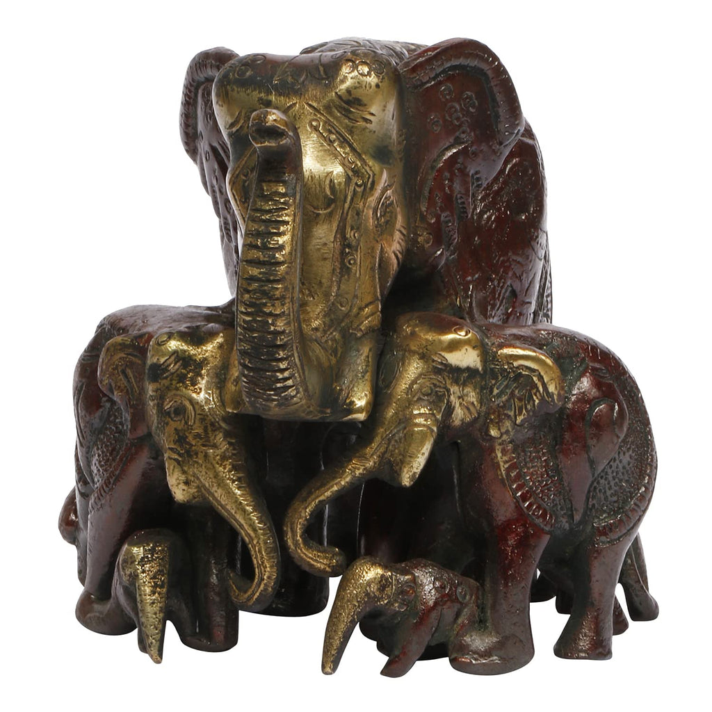 ARTVARKO Brass Elephant Family Baby Haathi Statue Idol Kalash Shankh Carving Vaastu Hathi for Good Luck Success Prosperity Home Décor Marriage Gift (Cherry Gold 5 Inch)