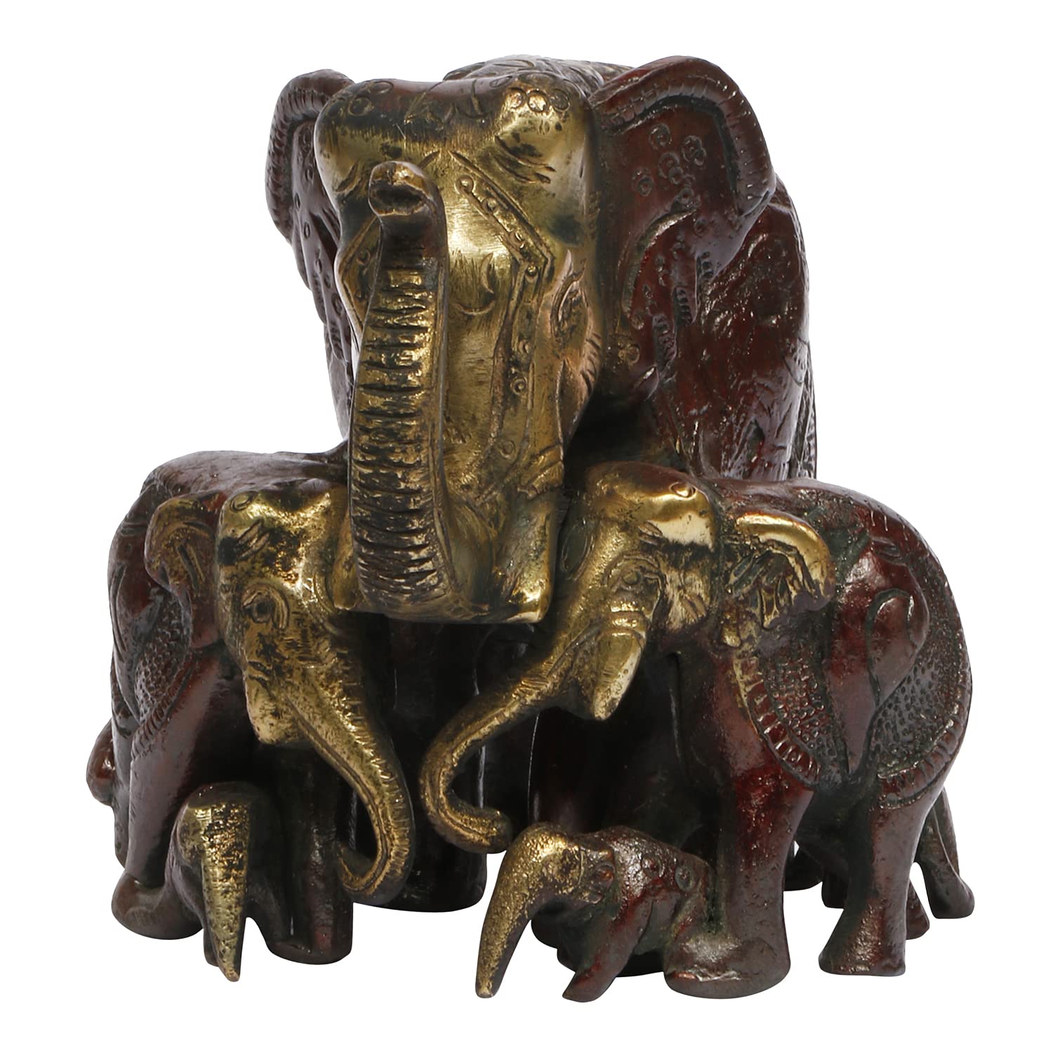 ARTVARKO Brass Elephant Family Baby Haathi Statue Idol Kalash Shankh Carving Vaastu Hathi for Good Luck Success Prosperity Home Décor Marriage Gift (Cherry Gold 5 Inch)