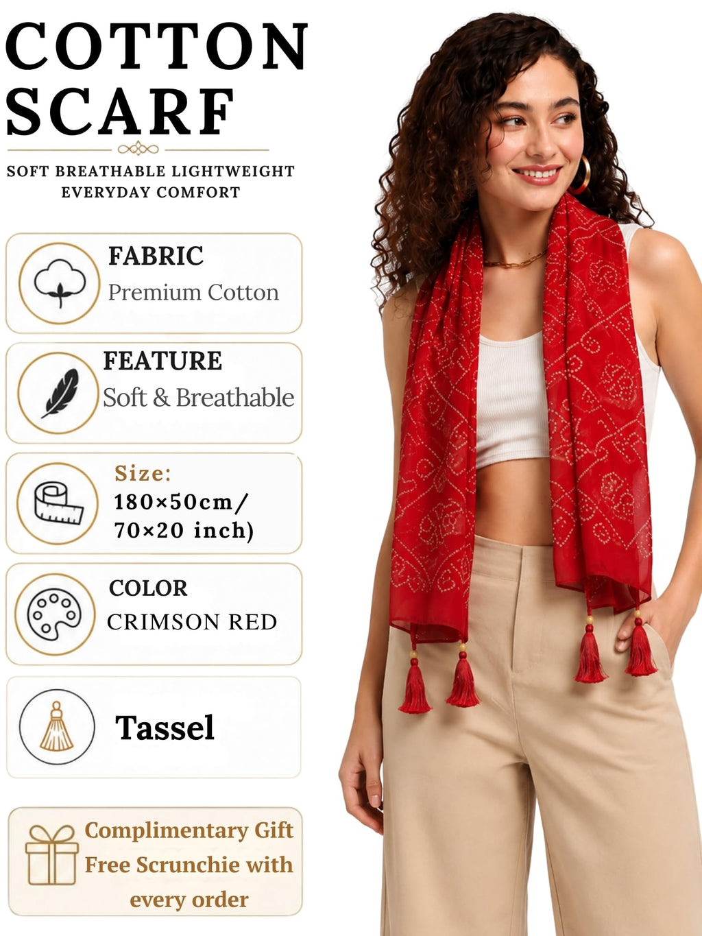 KE KANHA EXPORTS Cotton Scarf with Tassels|Bandhani Print Scarf for Women Stylish|Stole for Women|Breathable Boho Beach Summer Wrap|Multicolor Scarf|Easily Fits 180 * 50 CM