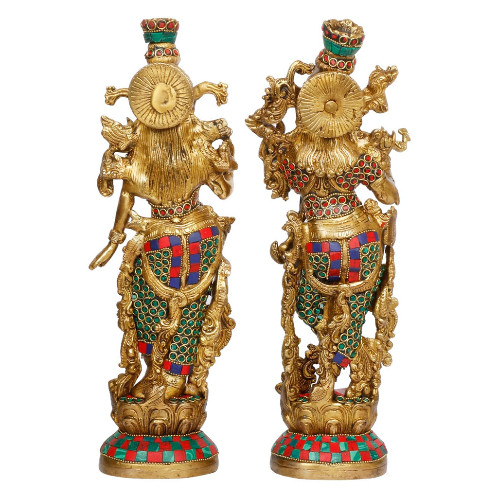 ARTVARKO Brass Lord Radha Krishna Playing Flute Standing On Lotus Multicolor Stone Handwork Murti for Gift Idol Height 14 Inches