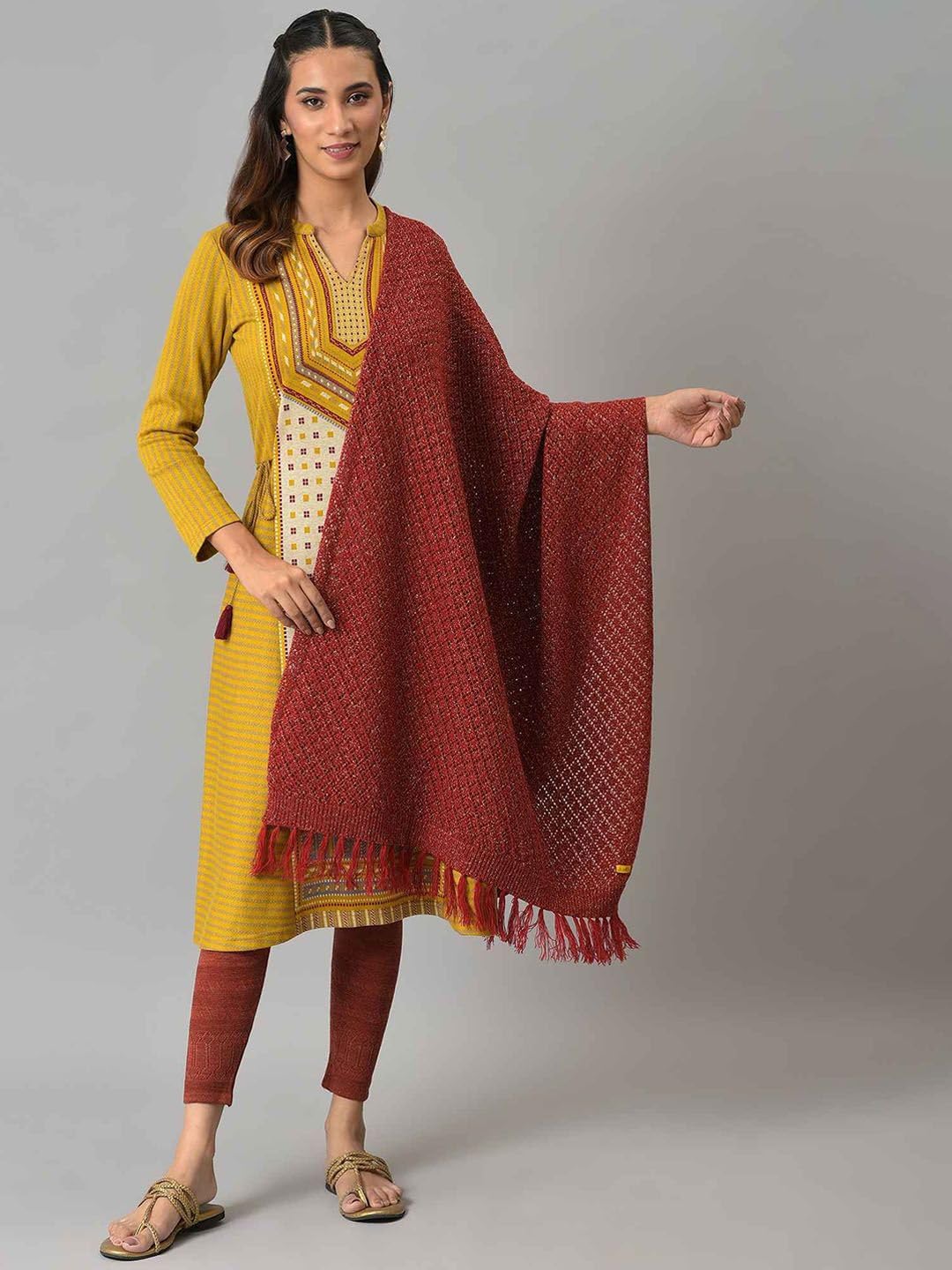 Red Acrylic Yarn-Dyed Women'S Shawl (Size: Free Size)-24NOA80038-603080