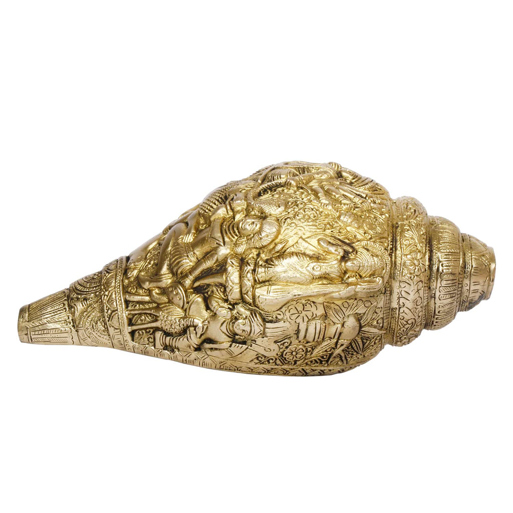 ARTVARKO Brass Shankh with Durga Carving Wall/Door Hanging Maa Sherawali Conch Shell for Pooja Vastu Pooja Puja Mandir Office Table Decor