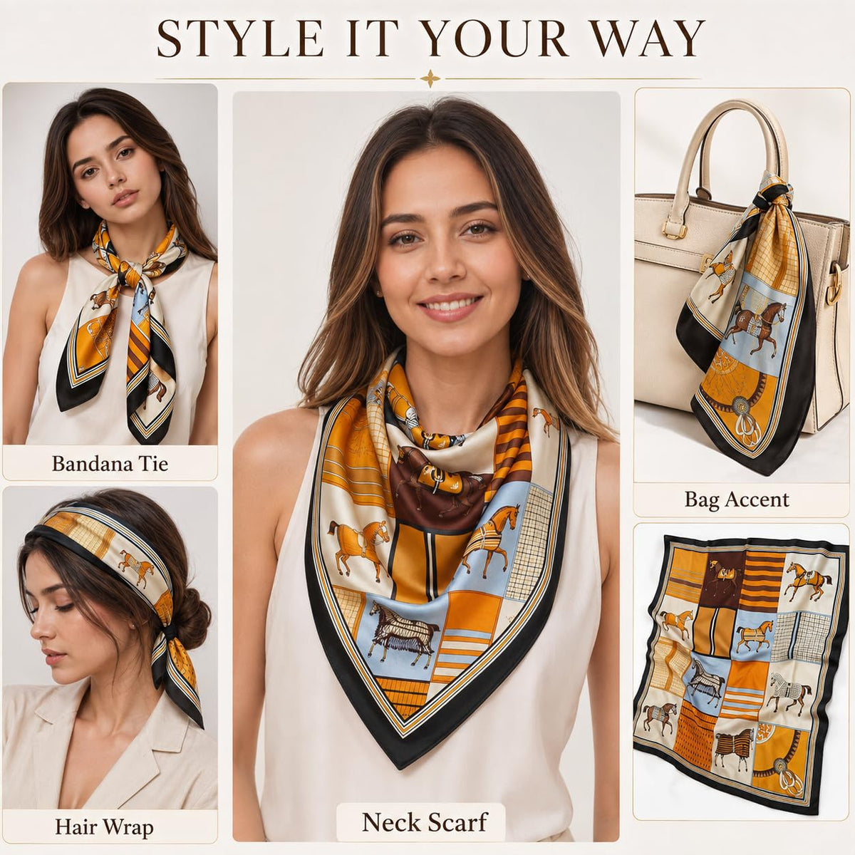 Kawn Silk Feel Square Scarf for Women 70x70cm | Floral Print Head Scarf, Bandana & Neck Scarf | Lightweight Boho Hair Wrap for Styling, Travel, Sleep & Everyday Wear (Instant Success)