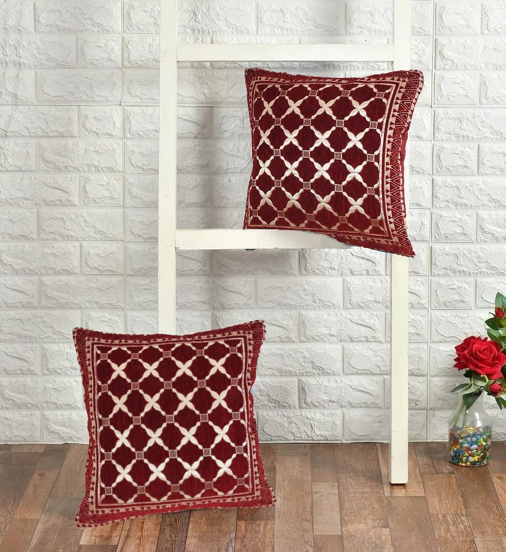 DECOMIZER Jacquard Geomteric Cushion Covers 16 Inch X 16 Inch Set Of 2 Ethnic Motifs 240 TC Cushion Covers,Design- Criss-Cross,Color- Maroon