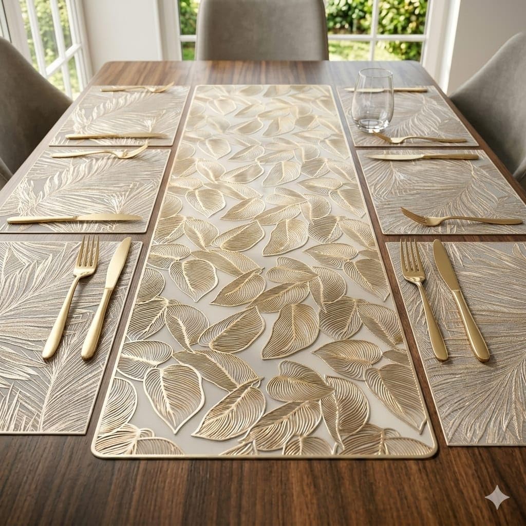 Dining Table Mats Set with Table Runner Leaf Design Placemat Set for Dining Table Stylish Table Mats (Fern Table mat+ Luxury Gold Skeletal Leaf Table Runner, Pack of 7 (6+1)) Kafalo