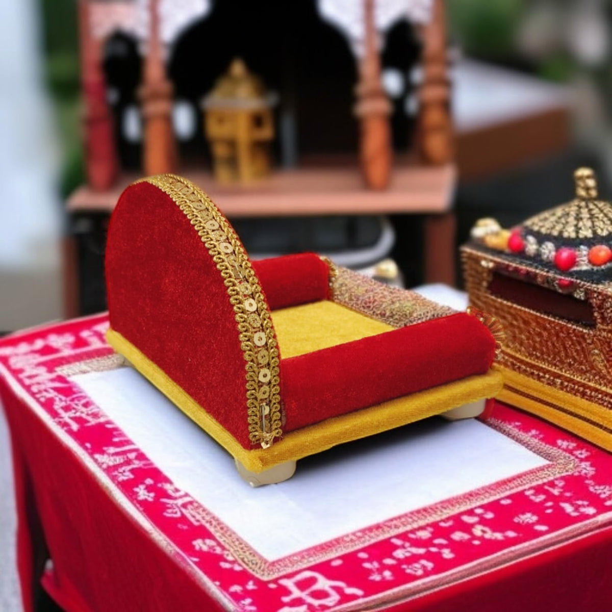 TATV QALAA Wooden Singhasan Temple for God, Laddu Gopal, Radha Krishna Sinhasan for Pooja Mandir, Singhasan for Diwali, Durga Pooja, Navratri, Ganesh Chaturthi