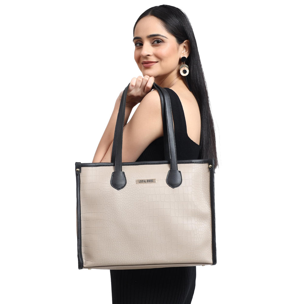 LEGAL BRIBE Women's Crock Style Tote Bag (Beige/Black)