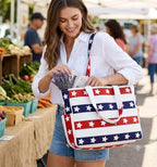 hirTa Elp Tote Bag for Teacher Women Office Girls Work Multipurpose Shoulder HandBag with Zipper Pocket Mostly Use for Travel Grocery Beach Hobo Diaper Changing Sandproof Pool (Blue Red Star)