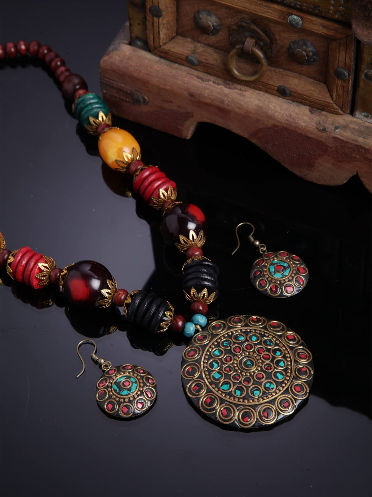 Shining Diva Fashion Latest Stylish Traditional Tibetan Pendant Necklace Jewellery Set for Women (13208s) (Style1)