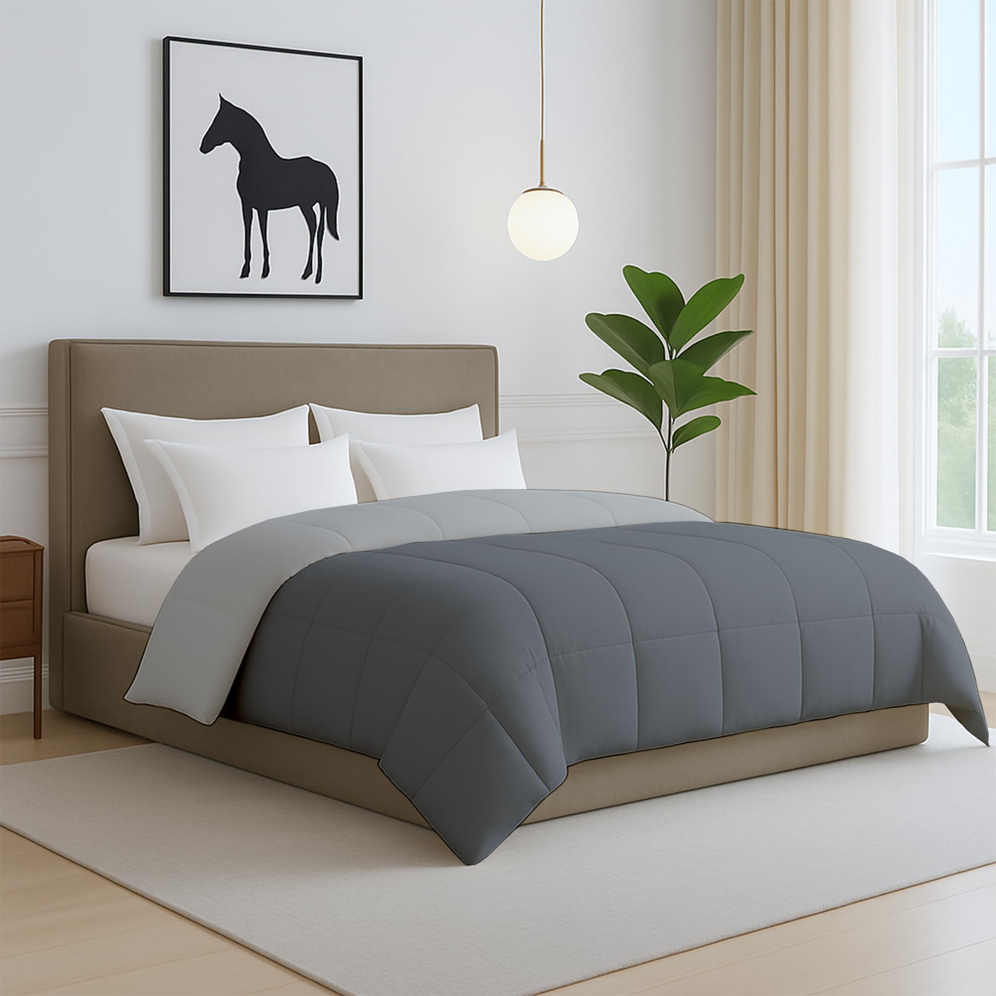 Bright Décor Single Bed Dark Grey and Light Grey Comforter – 300 GSM Quilt Blanket Rajai – Winter Warm Down Alternative Duvet Insert with Corner Ties – Machine Washable