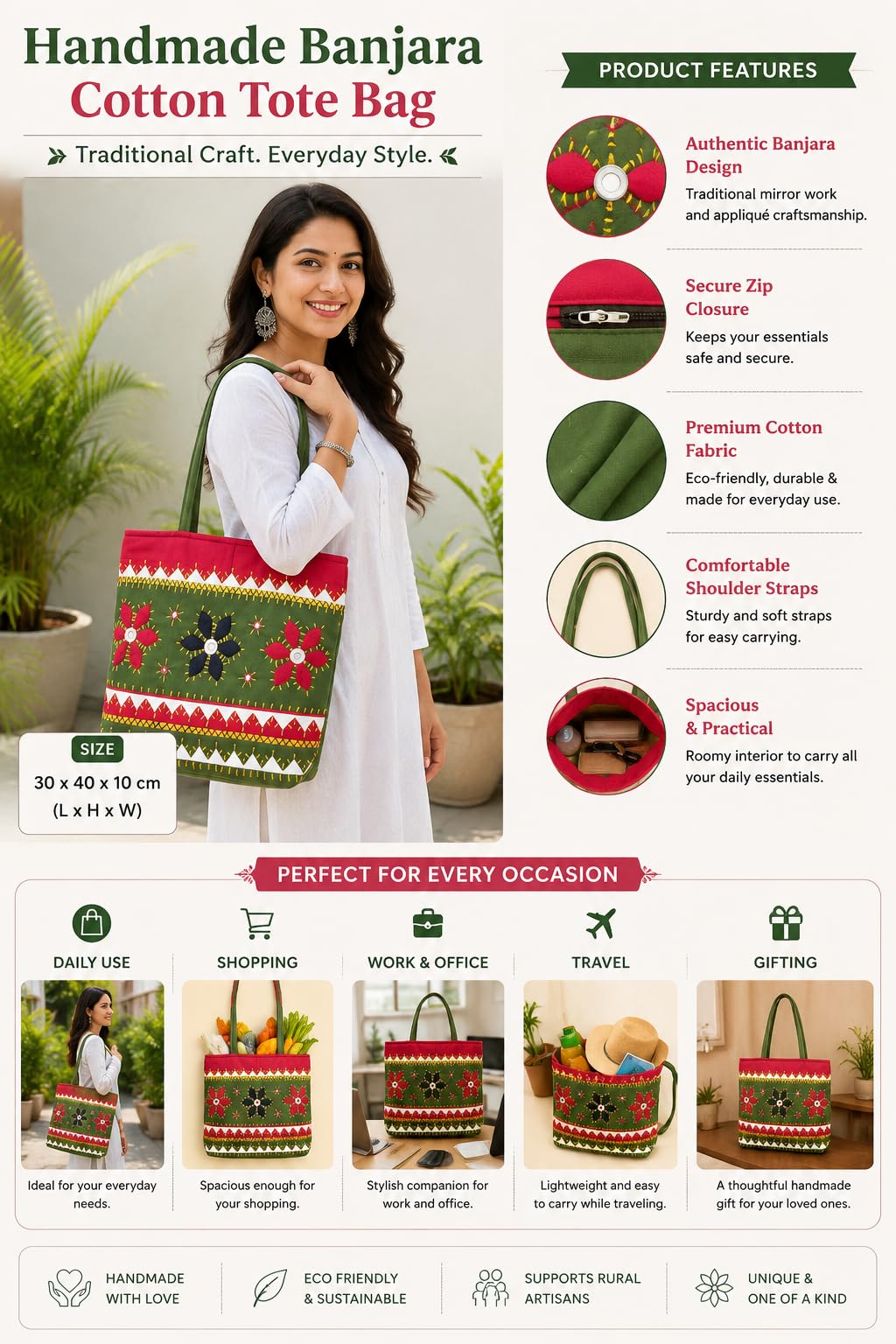 SriShopify Handcrafted Women’s Tote Bag Bridal Handbags for Wedding Ethnic Designer Handle bag Olive Mehndi birthday sankranti gift items for ladies (30x40x10 cm Original Mirror Work Stylish Applique)