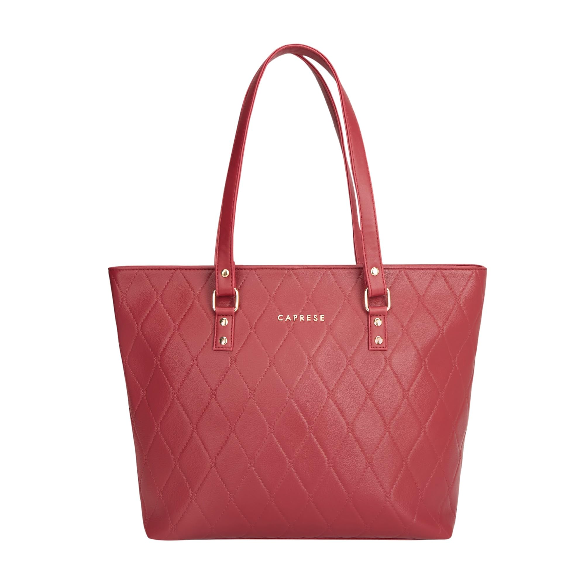 Caprese Claudiaa Large Quilted Faux Leather 16 Inch Laptop Tote Bag for Women | Stylish Handbag with Multi-Compartments & Secure Zipper Closure | Perfect for Office & Travel (Cherry Red)