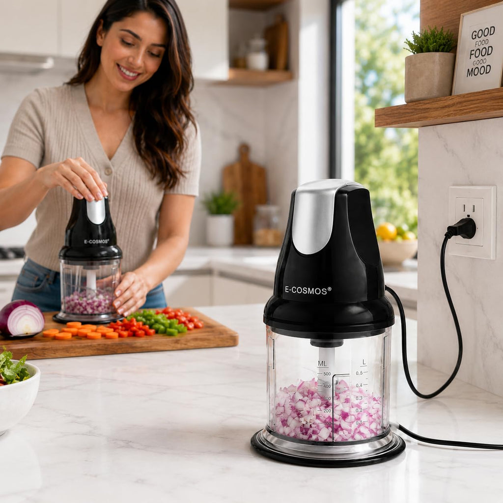 E-COSMOS® Ultra Fast 250 Watts Electric Chopper – Twin Blade Vegetable Cutter & Mincer – 500ml Plastic Bowl with Storage Lid – Durable 100% Copper Motor – Multi-Purpose Whisk & Blend (Black)