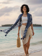 KE KANHA EXPORTS Scarf for Women Premium Cotton Boho | Dual Tone Border Print Stole with Tassels | Lightweight Summer Beach Wrap 180 x 50 cm (Slate Line Indigo)