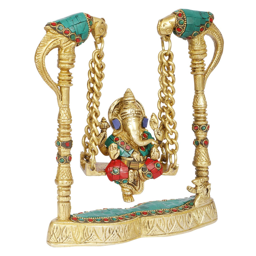 ARTVARKO Brass Ganesha on a Swing Statue Ganesh Jhoola with Two Parrot Holding Chain 8 Inch