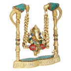 ARTVARKO Brass Ganesha on a Swing Statue Ganesh Jhoola with Two Parrot Holding Chain 8 Inch