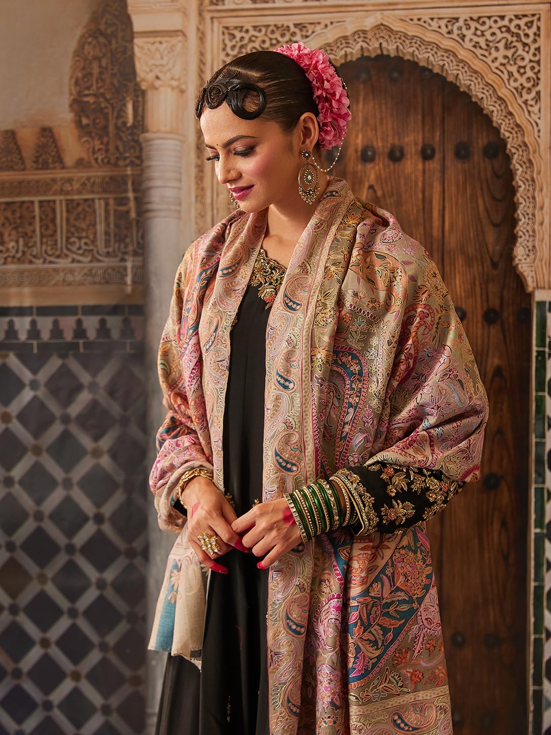 Pashmoda Women Naaz Fine Wool Fabric Pashmina Kalamkari Embroidered Shawl, Stole and Wrap, Sustainable and Natural Fabric, Heritage Kashmiri Pashmina(Size 40x80)