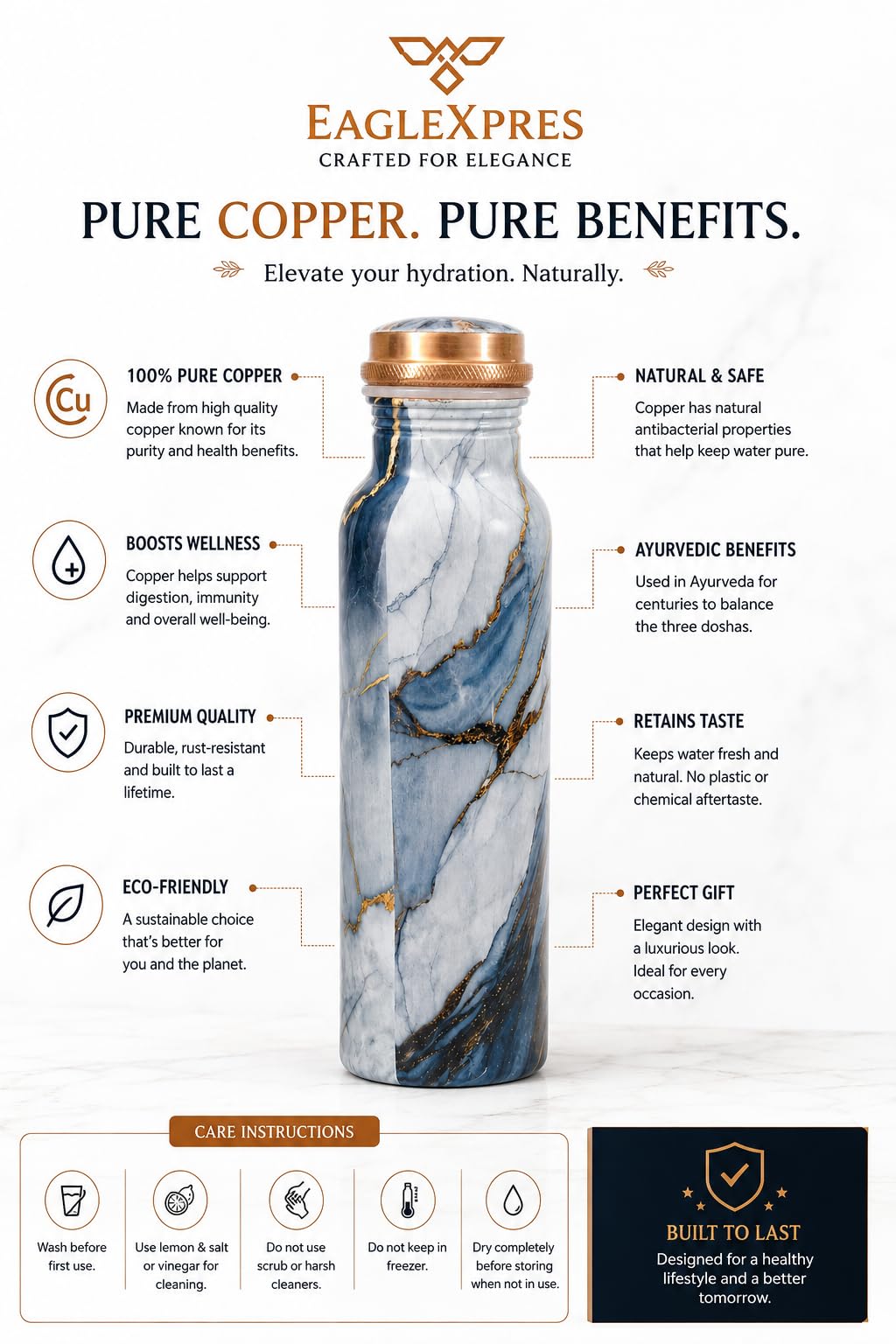 EAGLEXPRES Premium Copper Water Bottle 1 Litre Designer Marble Print Pure Copper Bottle Leakproof Ayurvedic Drinking Water Bottle for Home Office Gym Travel Gift for Men & Women