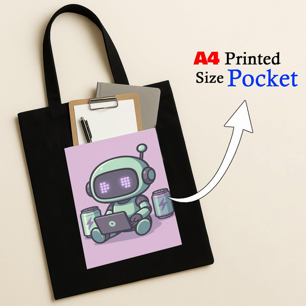 Kirmada Black Cotton Tote Bag | Recharge Mode Robot Design | Cute Tech & Gamer Tote for College, Office & Shopping | Zipper Closure | Reusable Eco Friendly Cotton Bag | Gift for Coders & AI Lovers