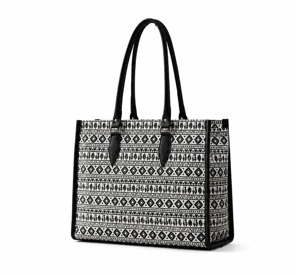 Designer Black Ethnic Geometric Tote Bag, Cotton Canvas with Faux Leather Handles, 36L x 12W x 24H cm, Top Zipper Closure, 2 Compartments