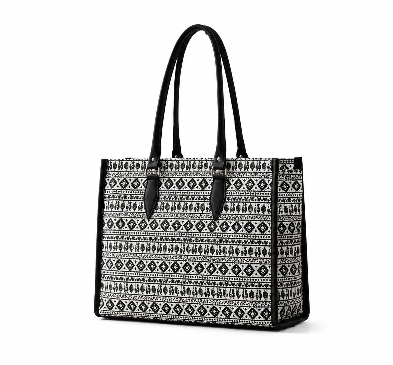 Designer Black Ethnic Geometric Tote Bag, Cotton Canvas with Faux Leather Handles, 36L x 12W x 24H cm, Top Zipper Closure, 2 Compartments