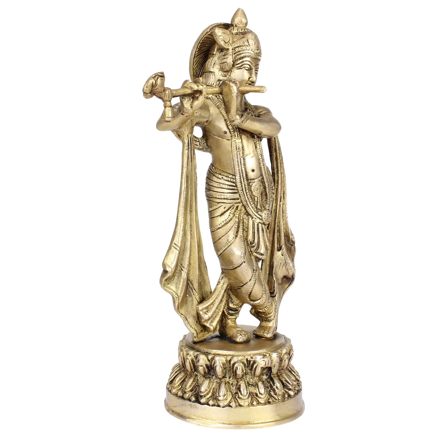 SVARUP Brass Metal Lord Krishna Idol God of Love Playing Flute for Temple Puja Home Decor Gift 10 Inch