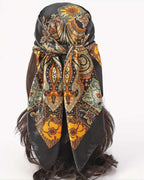 Silk Scarf Square, Paisley Floral Print with Sunflower Border, Black with Brown and Yellow Design, 28x28 cm, Luxury Neck Wrap