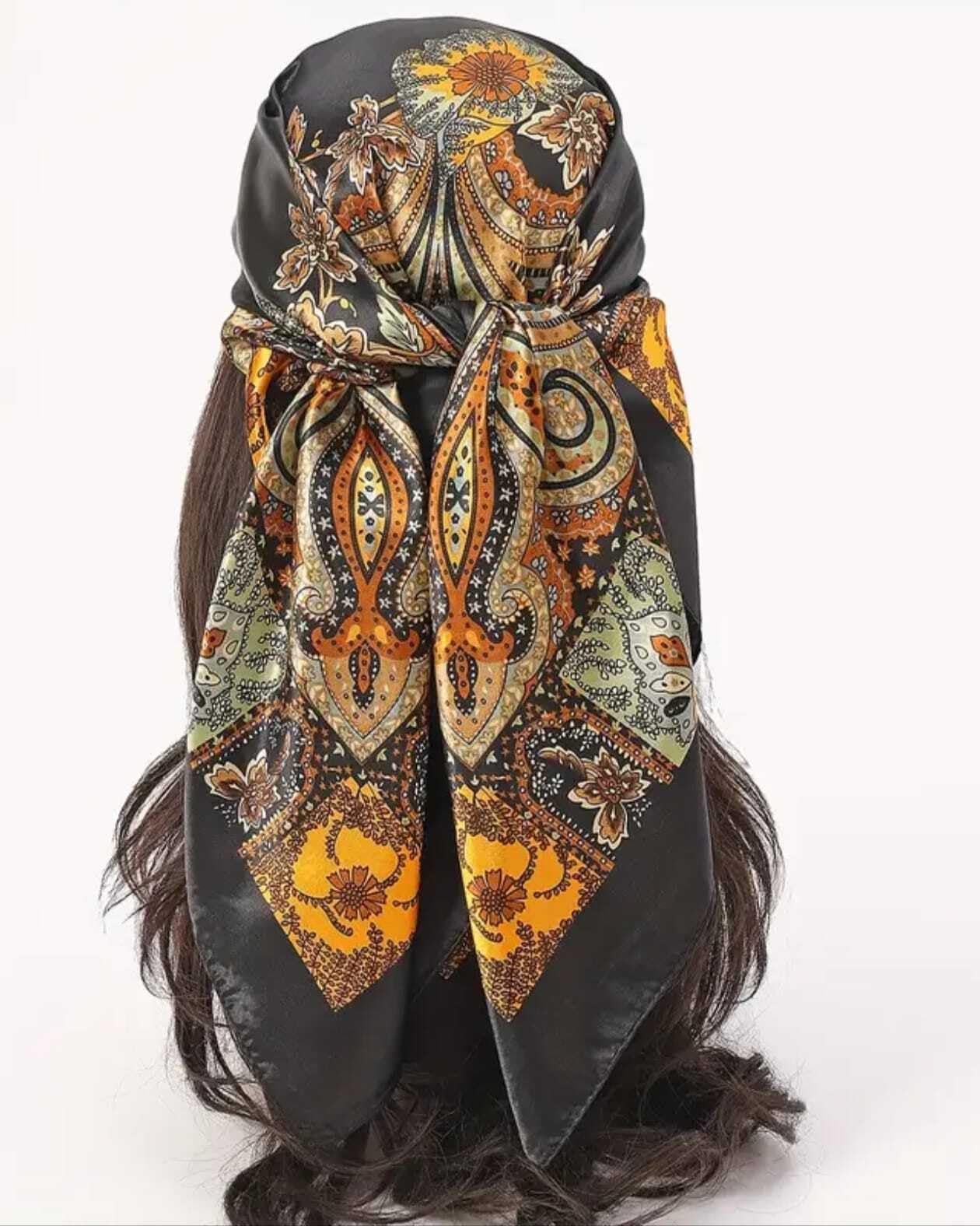 Silk Scarf Square, Paisley Floral Print with Sunflower Border, Black with Brown and Yellow Design, 28x28 cm, Luxury Neck Wrap
