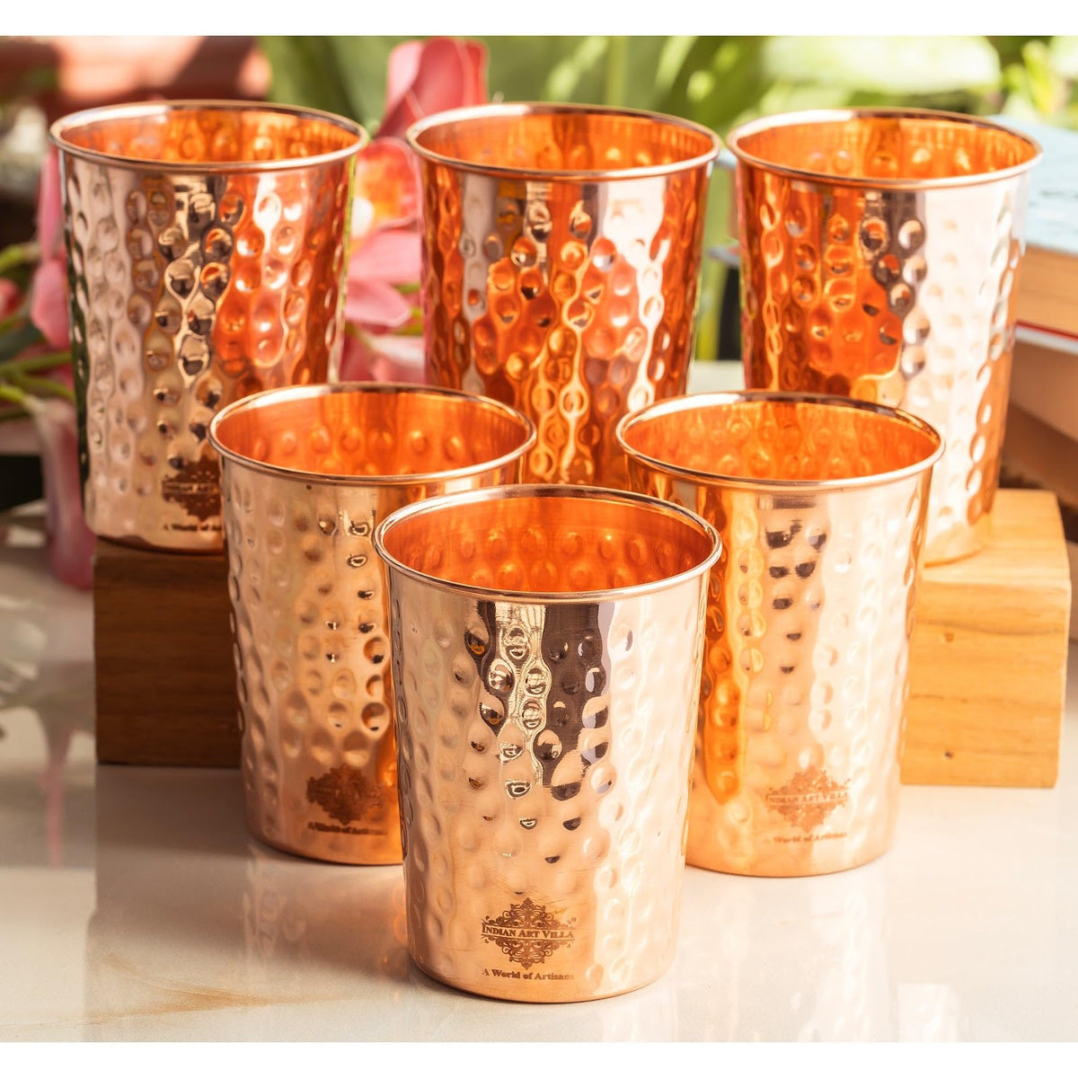 INDIAN ART VILLA Pure Copper Plain Glass with Hammered Design, Drinking Serving Water, Yoga Ayurveda, Volume- 275 ml, Pack of 6