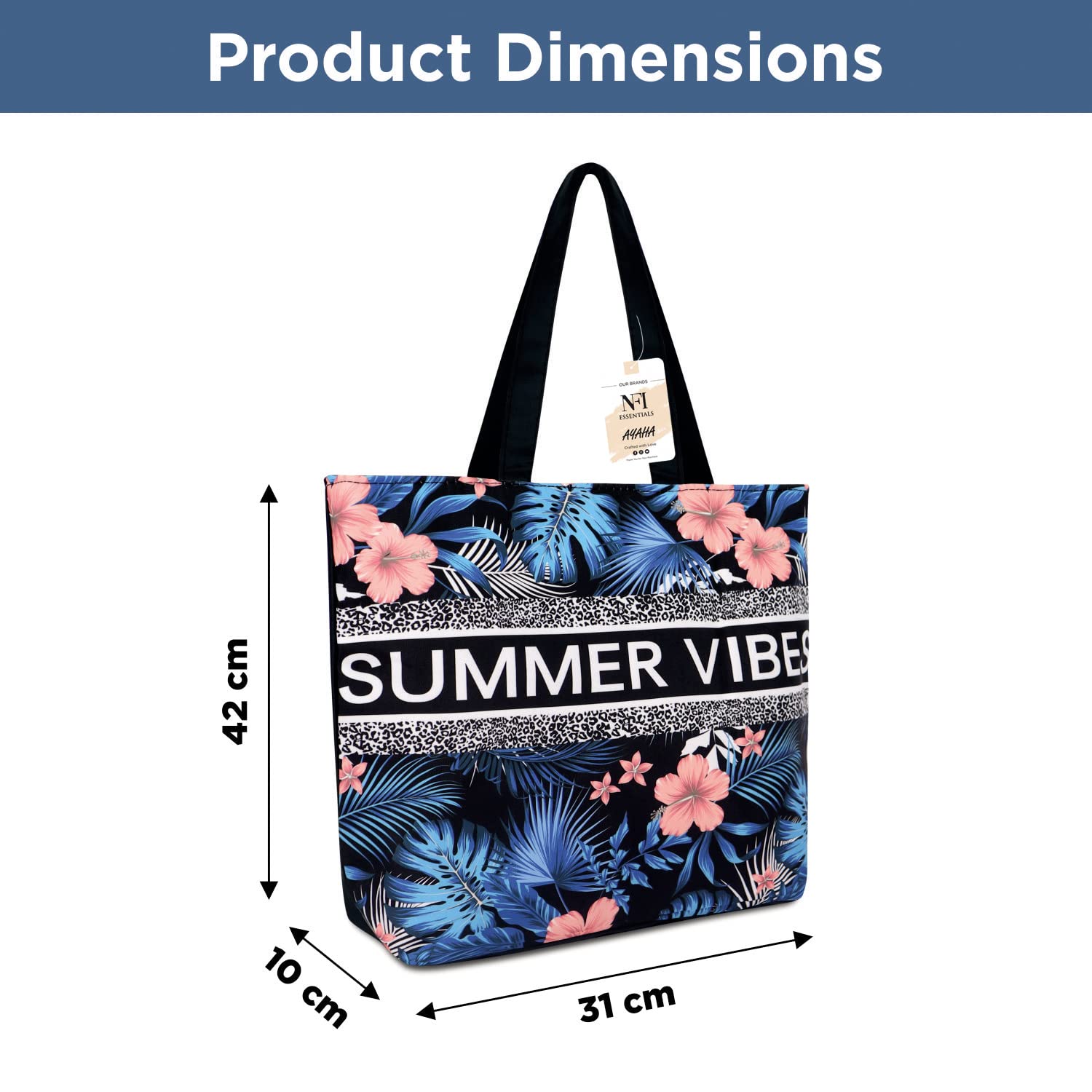 NFI essentials Polyester Printed Tote Bag for Women with Zipper, Casual Handbag Shopping, Tote Grocery Portable Bag Eco-Friendly Hobo Bag, Travel, Work, Beach, Office, College (SB-16-D1)