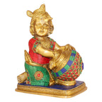 SVARUP Brass Shri Krishna Makhan Chor with Matki Kishan Bhagwan Murti Lord Krishna with Makhan Statue Height 7 Inch Weight 2.5 Kg Multicolor