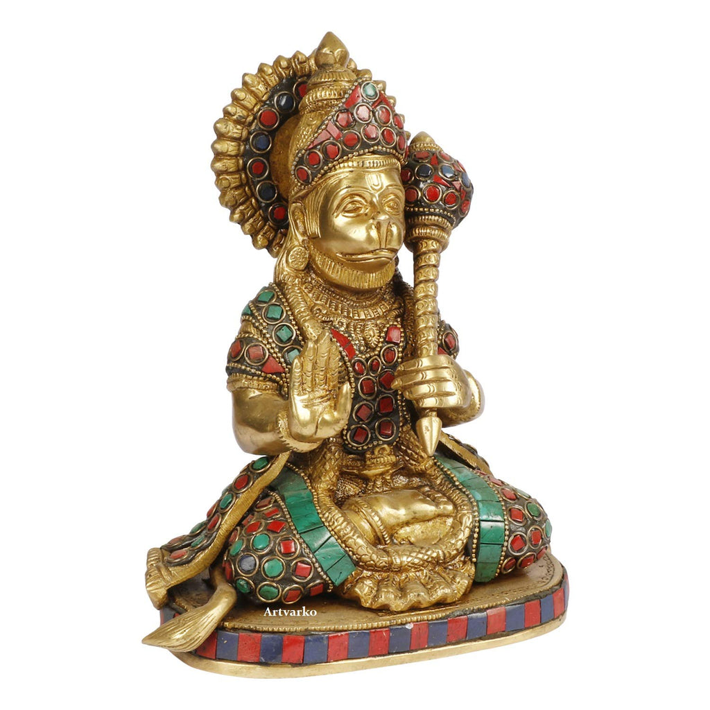 ARTVARKO Hanuman Brass Statue | Lord Bajarang Bali Multicolor Stone Work Height 8 Inch