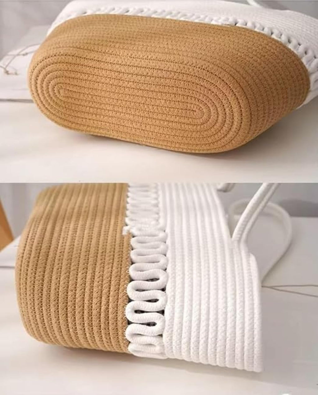AIESY Cotton Rope Tote Bag for Women | Handmade Woven Shoulder Handbag | Lightweight Shopping Bag | Beach Bag | Daily Casual Travel Purse | Beige & White